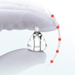 Silver pendant on a white background with red dots indicating measurement points.