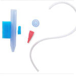 Set of medical or dental tools including a white tube, blue brush, and red cap on a white background.