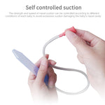 Hand holding a nasal suction device with text about self-controlled suction on a white background