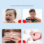 Collage of children experiencing nasal congestion with text 'Common problems of infant nasal congestion' on a light blue background.