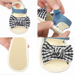 Baby sandals with a checkered bow held by a hand in a collage.