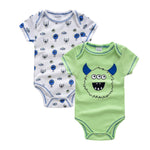 Two baby bodysuits on a white background, one with a blue and white pattern and the other with a green monster design.