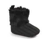 Black knitted slipper with fuzzy trim on a white background