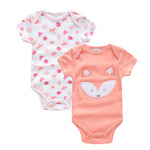 Two baby bodysuits on a white background, one with a fox design and the other with animal prints.