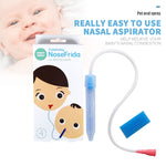 Nasal aspirator with packaging and a baby's face on a white background