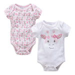 Two baby bodysuits on a white background, one with pink and white pattern and the other with unicorn design.