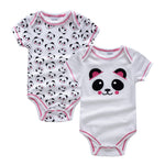 Two baby bodysuits with panda designs on a white background